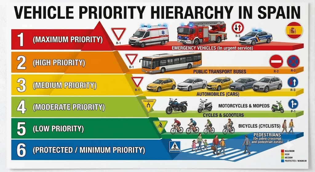 Visual priority ladder or pyramid showing all 9 vehicle types ranked from highest priority at the top (oversized special transport) to lowest (bicycles) with icons for each