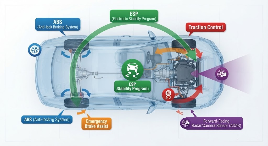 A top-down labelled car diagram with five active safety systems indicated by coloured arrows: ABS at all four wheels (blue); ESP across all four wheels with a stability arc (green); Emergency Brake Assist on the braking circuit (orange); Traction Control on the drive wheels (red); ADAS sensor/camera at the front bumper (purple). Each system has a short icon label.