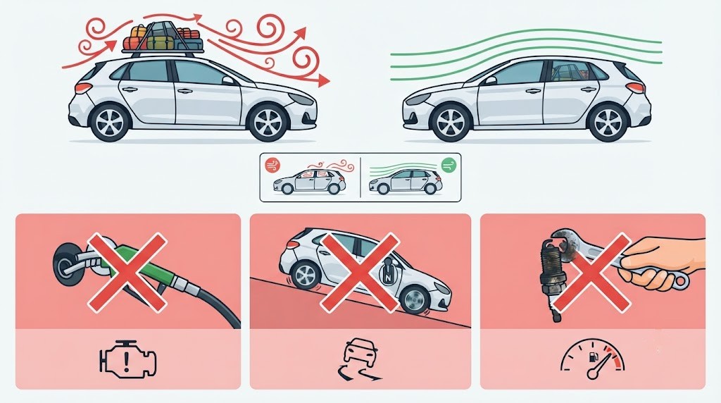 Two-panel illustration. Left: a car with a loaded roof rack, with turbulence arrows swirling above and behind it showing increased drag. Right: a clean car with luggage packed inside the boot, airflow smooth over the roof. A second small panel shows open windows creating turbulence versus closed windows with smooth flow.
