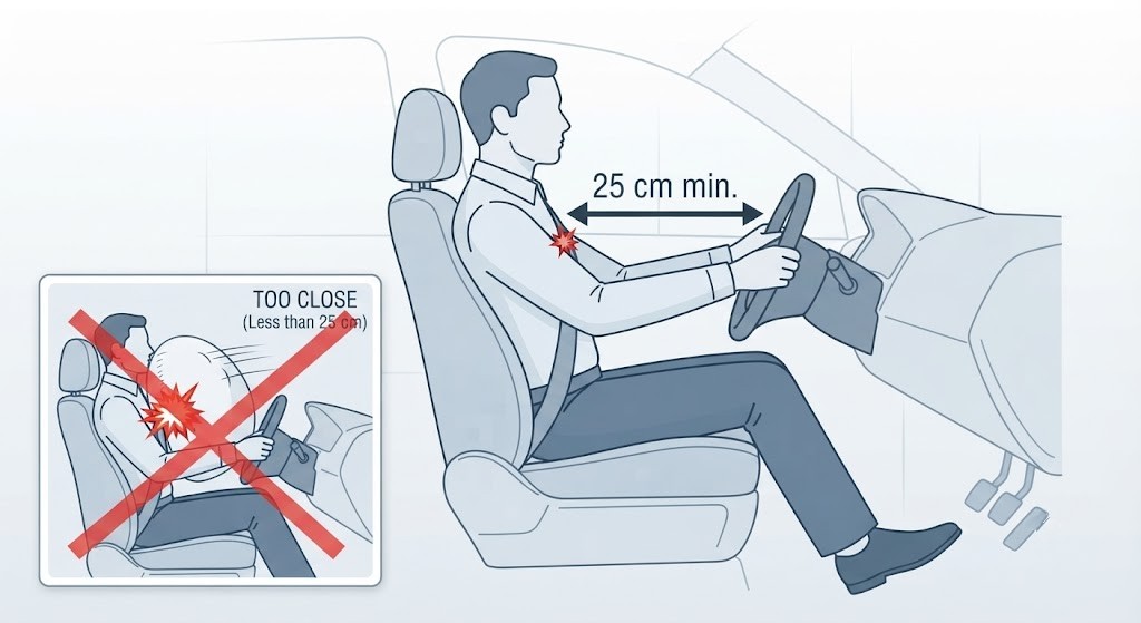 A side-view diagram of a driver in the correct seated position, with a bold double-headed measurement arrow showing 25 cm of clearance between the driver's chest and the steering wheel centre. An inset shows what happens with less than 25 cm - the airbag strikes the chest before it fully inflates.