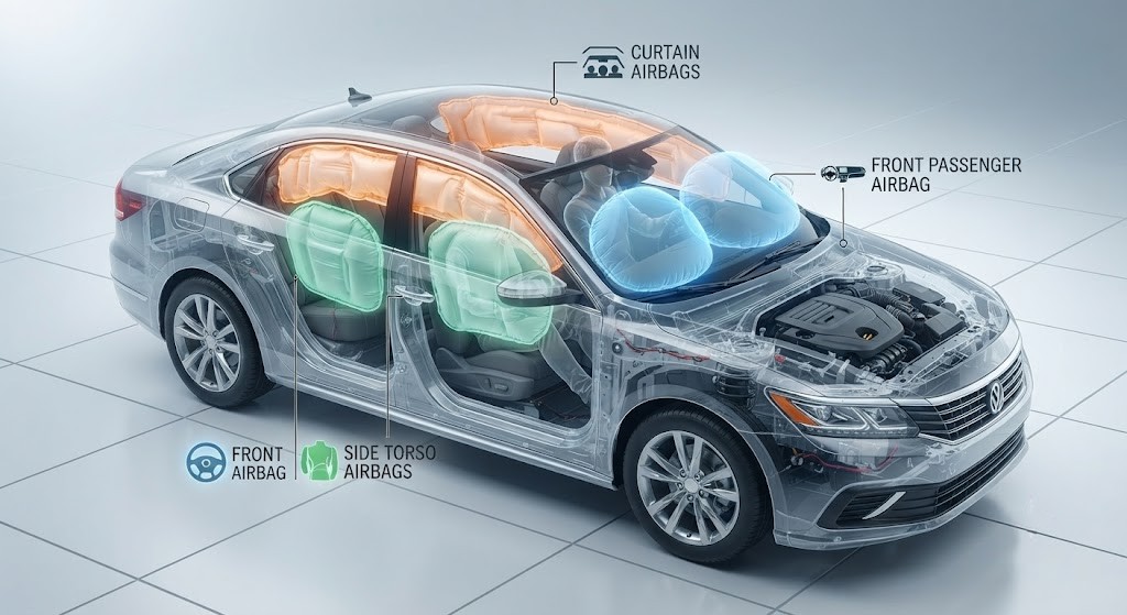 A car cross-section showing all airbag locations with labelled arrows: front driver airbag (steering wheel), front passenger airbag (dashboard), side torso airbags (door panels), and curtain airbags (along the roof edge above the windows). Each type is highlighted in a different colour.