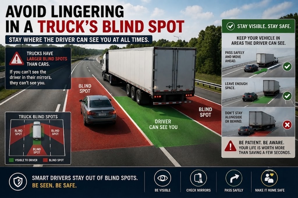 A top-down road scene: a large truck with its blind spot zones shaded on both sides and rear. A car is shown positioned well behind and to the side of the truck, outside the blind zone, with mirrors being actively monitored and a signal light on indicating an upcoming overtake.