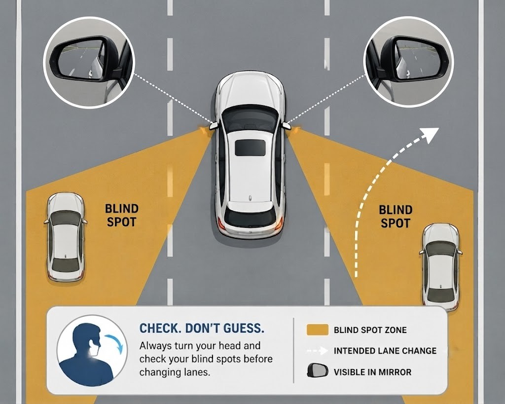A top-down diagram of a car with the blind spot zones shaded in amber on both sides - the areas outside mirror coverage where a vehicle disappears from view. An adjacent car is shown positioned exactly within one blind spot zone, invisible in the mirror. Labels indicate where to check by turning the head.