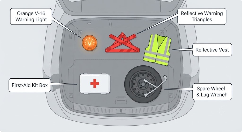 A top-down illustration of an open car boot showing the mandatory items laid out in their storage positions: V-16 warning light and/or reflective triangles, high-visibility reflective vest, spare wheel and tools (or puncture kit), first-aid kit, and spare glasses case. Each item is labelled with a callout.