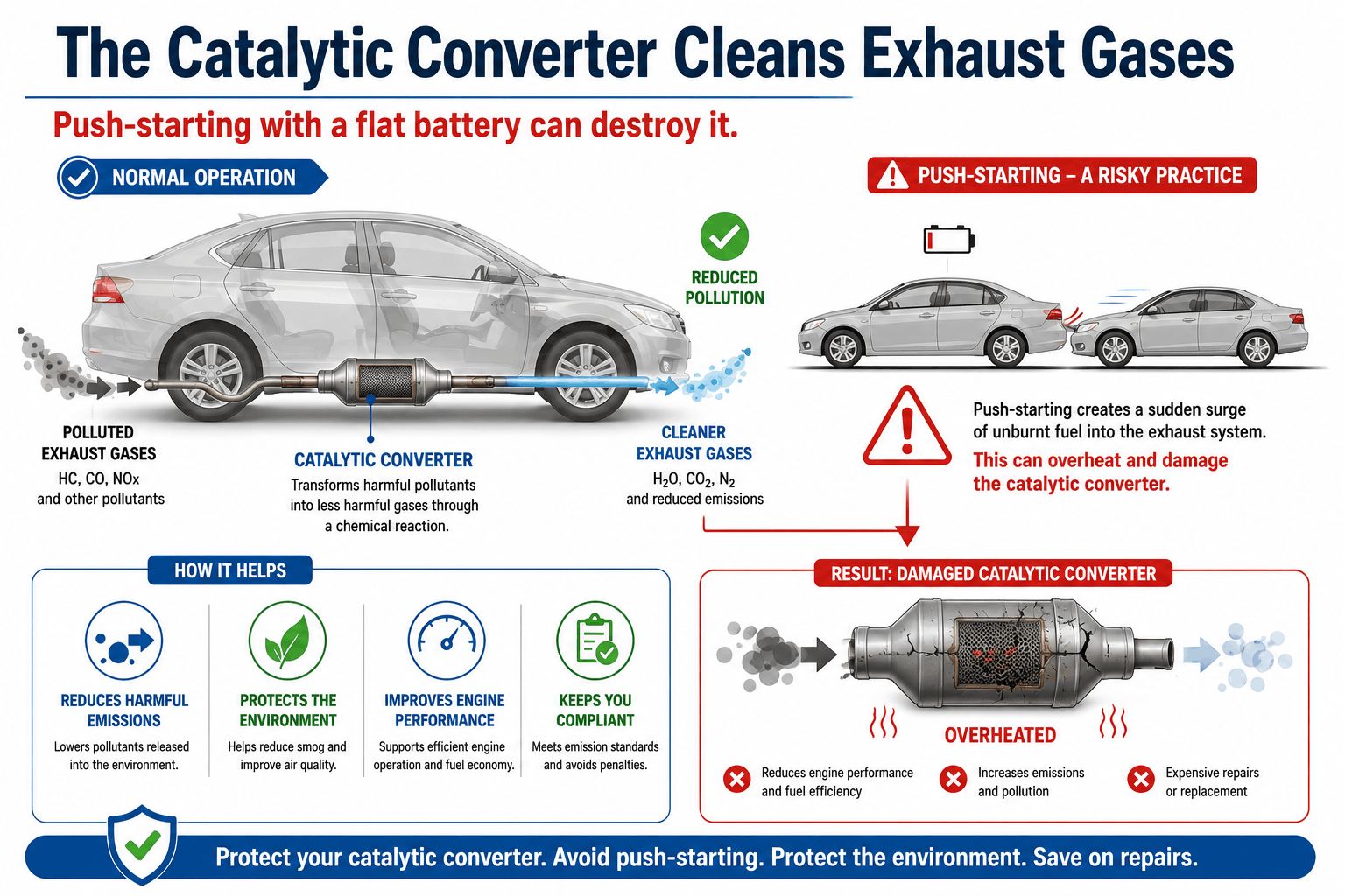 A diagram of an exhaust system from engine to tailpipe, with the catalytic converter clearly labelled and highlighted in the middle. An inset warning panel shows a car being push-started with a red cross overlay and the text "unburned fuel destroys the converter".