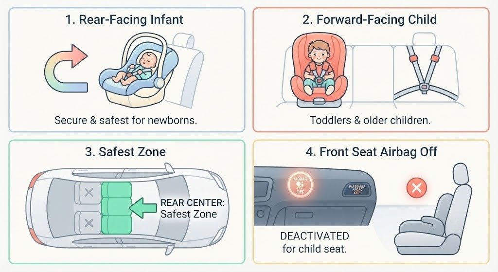 A diagram showing four child seat scenarios: (1) a rear-facing infant seat for under-2s; (2) a forward-facing child seat for older children; (3) a top-down car diagram with the rear centre seat highlighted as the safest position; (4) a front passenger seat with the airbag deactivated indicator lit when a child seat is fitted there.