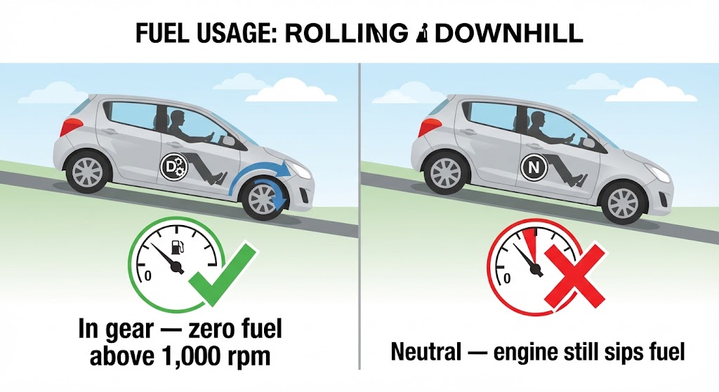 A two-panel diagram. Left: a car coasting in gear with foot off the accelerator, a fuel gauge showing zero consumption and an engine braking arrow. Right: the same car coasting in neutral, with the fuel gauge still showing small consumption. Labels debunk the myth that neutral saves fuel.