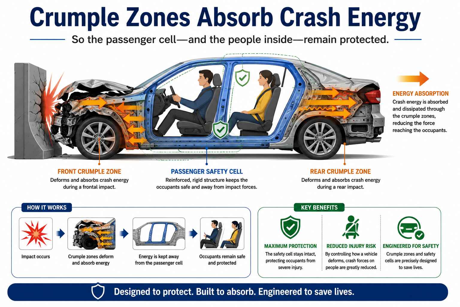 A classic crash test side-view diagram: a car colliding with a barrier. The front crumple zone is shown deforming and absorbing impact energy (shown with compression arrows), while the passenger cell (cabin) remains intact and rigid. Energy absorption percentage labels are shown for each zone.