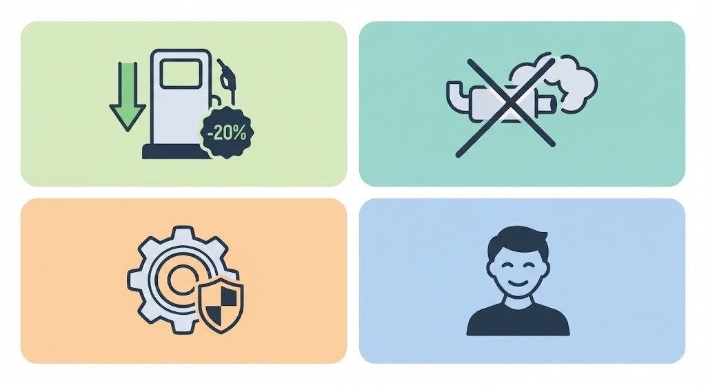 A 4-icon benefits card in a grid: (1) fuel pump icon with "Up to 20% savings"; (2) exhaust cloud icon with "Reduced emissions"; (3) gear/component icon with "Less wear on parts"; (4) smiling driver icon with "More comfort and safety"