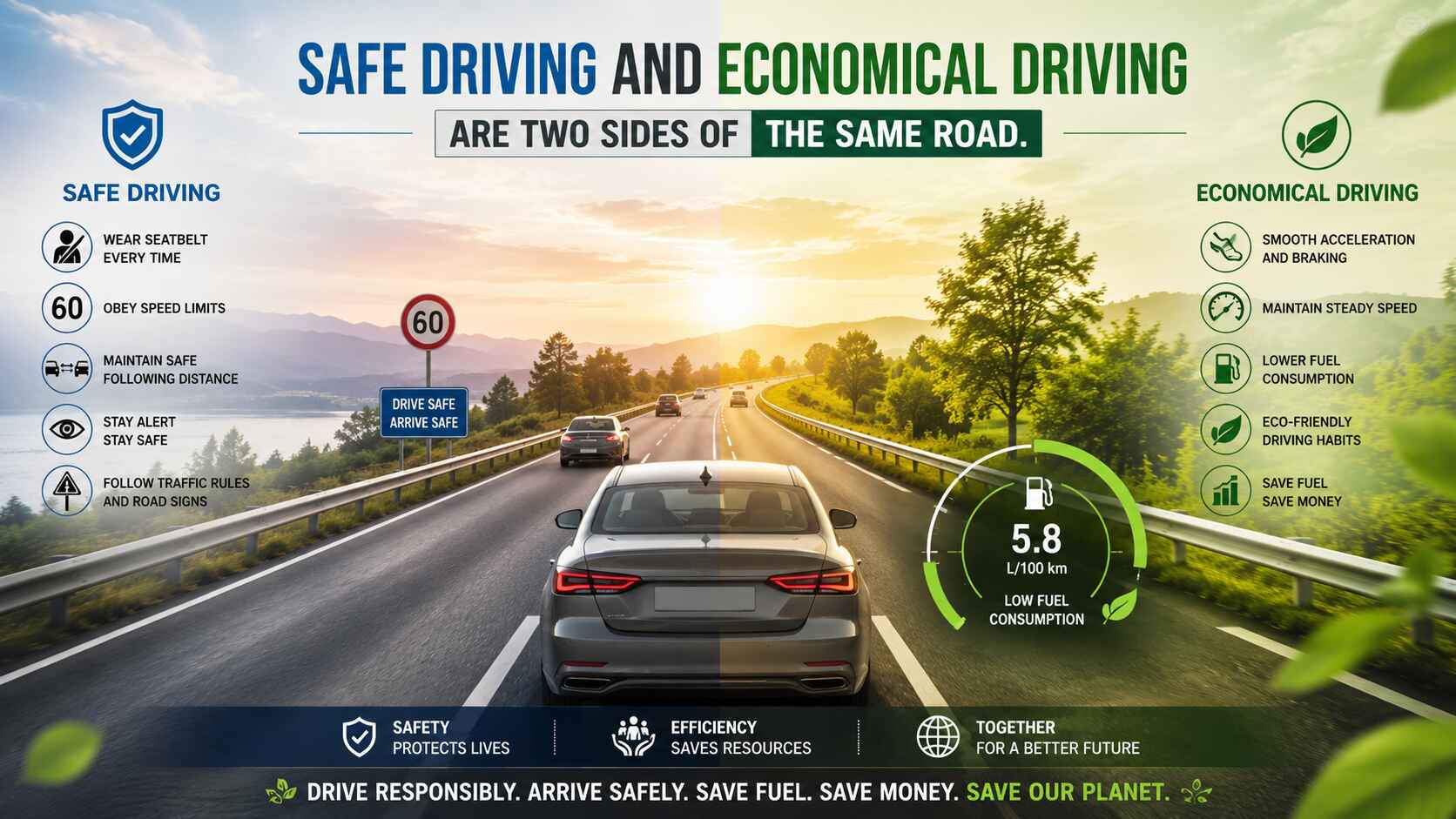 Split concept illustration: left side shows a fuel gauge with an eco leaf symbol representing economical driving; right side shows a safety shield and crumple zone representing vehicle safety; a road stretches between them uniting both themes