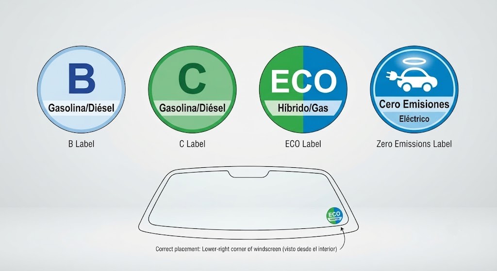 A graphic showing all four Spanish environmental label types side by side: B label (light blue, older diesel/petrol), C label (green, newer petrol/diesel/mild hybrid), ECO label (green-blue, plug-in hybrid/natural gas), Zero Emissions label (dark blue, fully electric/hydrogen). Each label shows its colour, letter, emission level, and eligible fuel types. Below, a car windscreen outline shows the correct lower-right corner placement position.