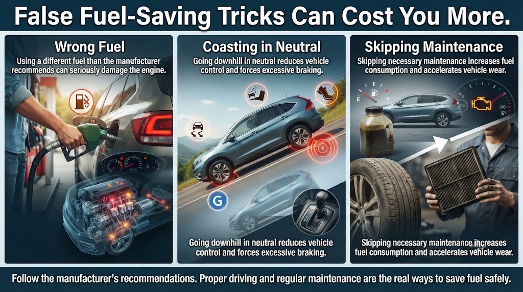 A three-cell myth vs. reality card. Cell 1: wrong fuel nozzle icon crossed out - "Wrong fuel damages the engine, not saves it". Cell 2: car in neutral on a downhill with a red cross - "Neutral downhill loses stability and wastes brakes". Cell 3: spanner/maintenance icon crossed out - "Skipping maintenance increases consumption". Each cell shows the myth struck through and the reality below.