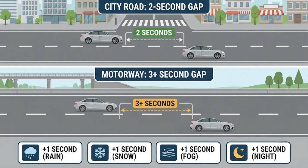 A top-down road diagram with two lanes. Top lane shows the 2-second rule in a city (shorter gap). Bottom shows the 3-second rule on a highway (longer gap). Adverse condition modifier boxes are shown to the right: rain, snow, fog, and night each adding "+1 second" to the gap visually.