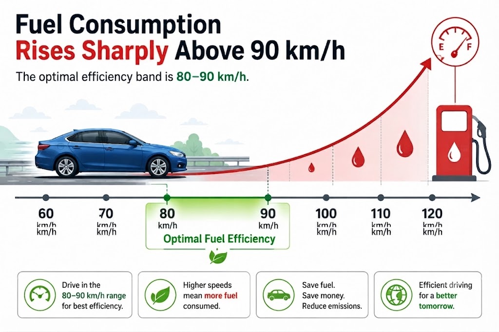 A line graph with speed (km/h) on the x-axis and fuel consumption (l/100km) on the y-axis. The curve is relatively flat up to 80-90 km/h, then rises sharply above that threshold, highlighted in red. A secondary shaded zone shows the optimal efficiency speed band (80-90 km/h). Axis labels and data points are clear.