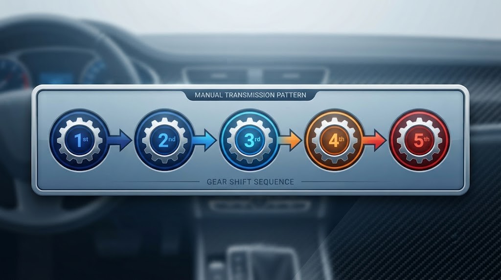 A horizontal strip chart showing the recommended gear shift sequence: 1st to 2nd at 6m/2sec; 2nd to 3rd from 30 km/h; 3rd to 4th at 40 km/h; 4th to 5th at 50-60 km/h. Two RPM bands are overlaid: diesel (1,500-2,000 rpm) and petrol (2,000-2,500 rpm) labelled in different colours.