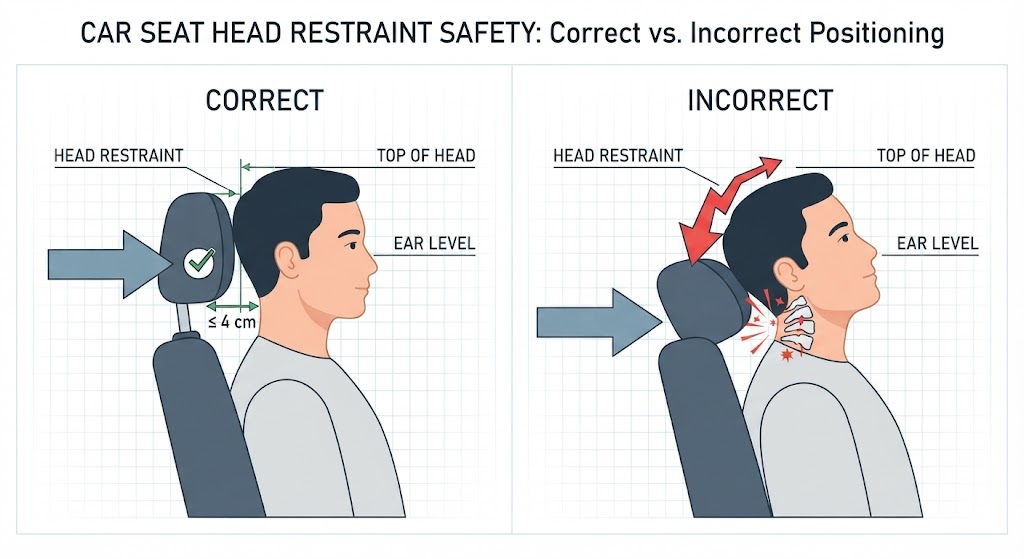 A side-profile diagram in two panels: left - correct headrest position with the top of the restraint level with the top of the head, gap ≤ 4 cm, neck protected in a whiplash impact; right - too-low headrest with the top below ear level, neck snapping back over the top of the restraint in the same impact, causing injury. Labels highlight the 4 cm maximum gap.