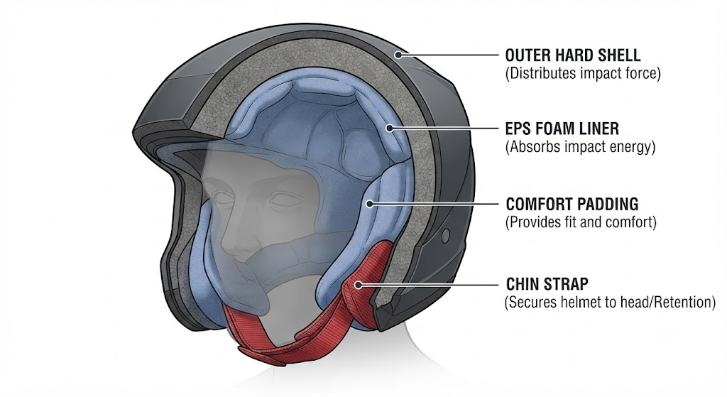 A cross-section diagram of a motorcycle helmet showing its protective layers from outside in: outer shell (hard ABS/polycarbonate - distributes impact), foam liner (EPS - absorbs energy), comfort padding, and chin strap. Four callout notes match each layer to one of the four protective functions listed in the text.