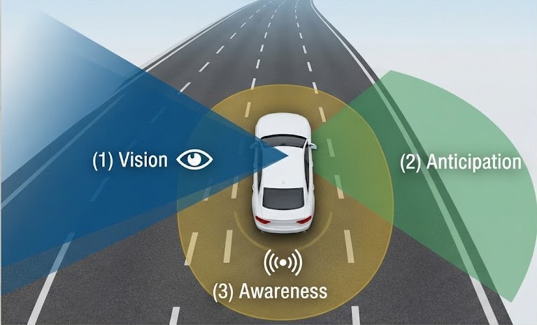 A top-down road diagram showing the three pillars of preventive driving around a car: (1) a far-reaching visual cone projected ahead labelled "Vision"; (2) a hazard emerging at a junction being spotted early with a warning indicator labelled "Anticipation"; (3) safe buffer zones surrounding the car on all sides labelled "Space Management".