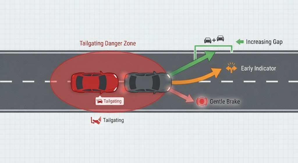 A top-down road diagram: a tailgating car is shown very close behind. The correct response is illustrated - the front car increases its gap to the car ahead (creating a buffer), uses an early indicator signal, and applies brakes gently. Labels explain why: "don't brake suddenly, give the tailgater time to react".