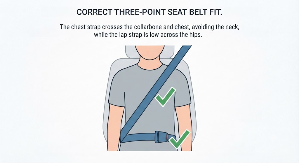 A front-view body diagram showing a correctly fitted three-point seat belt: the chest strap runs diagonally over the collarbone (labelled), between shoulder and neck, down the centre of the chest; the abdominal strap runs across the hip bones below the stomach (labelled). Green checkmark indicators at each correct contact point.