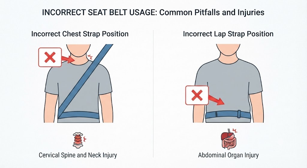 A two-panel diagram showing common seat belt mistakes: left panel - chest strap placed across the neck (red cross); right panel - lap strap placed high over the abdomen/stomach area (red cross). Each mistake is labelled with the resulting injury risk.