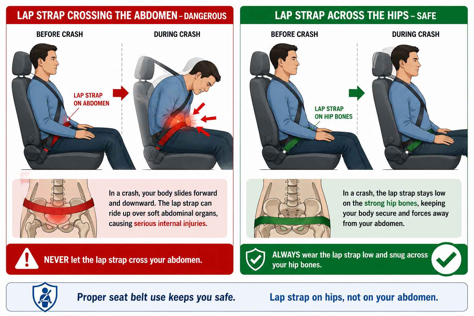 A side-view diagram in two panels: left - incorrect scenario with an over-reclined seat, showing the body sliding forward and downward under the lap belt during a crash impact (submarining), with injury arrows pointing to the abdomen; right - correct upright posture with the belt properly placed, body held firmly in the seat during impact.