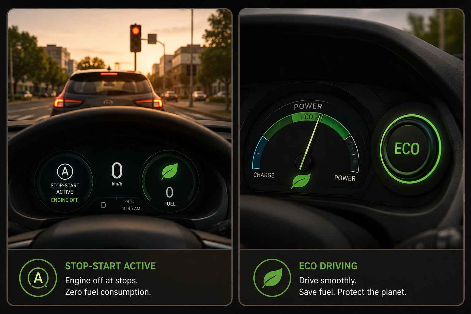 Two dashboard card illustrations side by side. Left: a car stopped at traffic lights with the engine off indicator lit and a "0 fuel" badge - Start-Stop active. Right: a dashboard with a green ECO mode button illuminated, a power output gauge showing reduced output, and a leaf icon confirming eco operation.