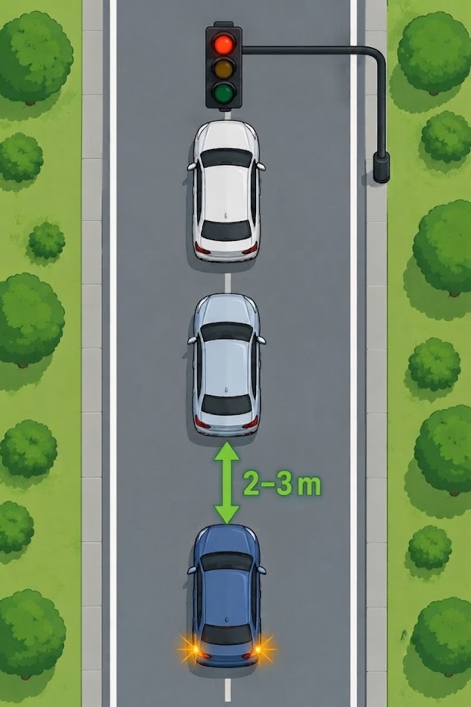 A top-down diagram of a queue of cars at traffic lights. The middle cars show a 2-3 m gap to the car ahead. The last car in the line shows a 5-6 m gap with hazard lights flashing. Distance measurement arrows and labels explain the purpose of each gap size.