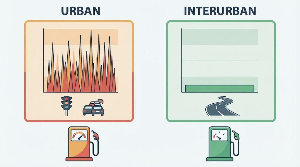A fuel consumption comparison infographic with two columns. Left - urban stop-start driving: a bar graph showing high, spiky consumption with frequent acceleration and braking events highlighted. Right - smooth interurban driving: a low, flat consumption bar showing steady speed. A fuel gauge icon below each column confirms urban = more fuel despite lower speed.