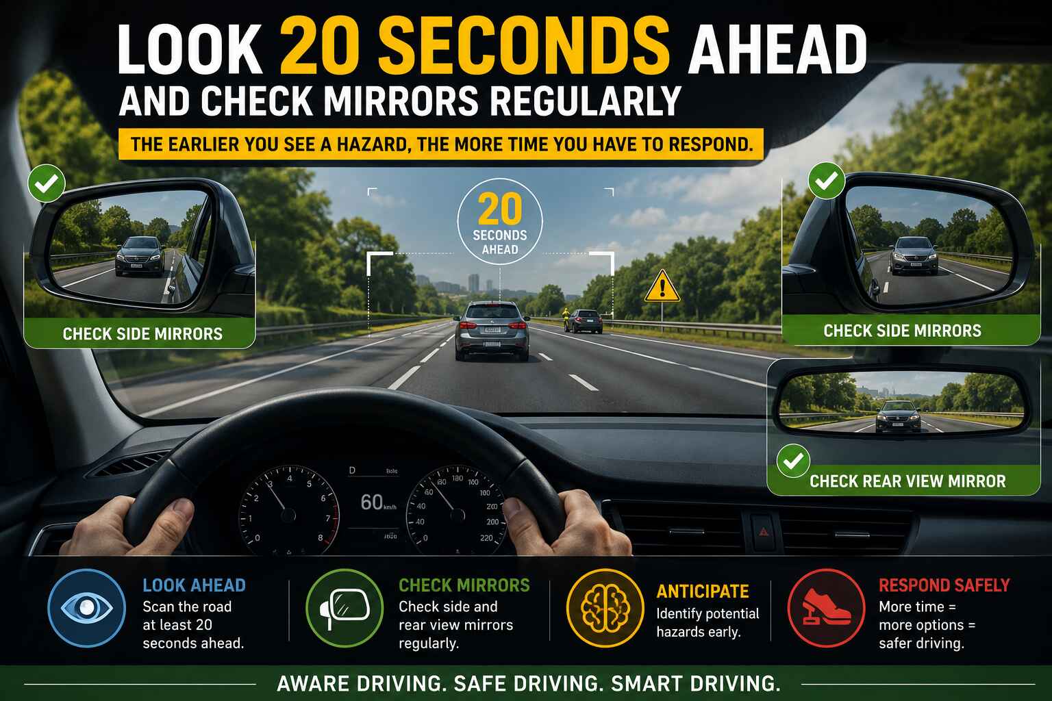 A first-person driver's view of a road with a wide 20-second visual arc projected ahead, showing the distance the car will cover in 20 seconds at the current speed. Two small mirror-check frequency timer overlays are visible in the corner: "Every 5-10 sec (city)" and "Every 10-15 sec (highway)".
