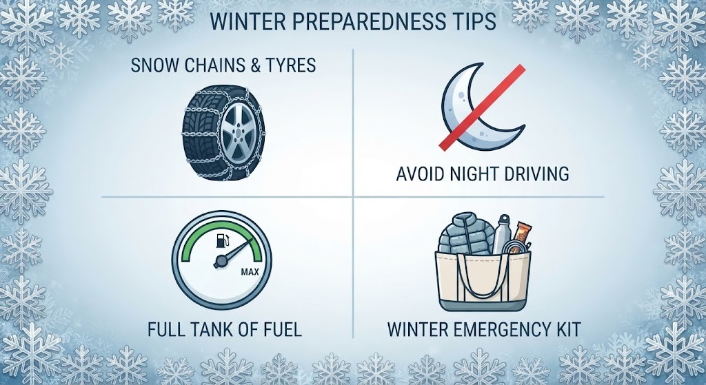 A winter road preparation infographic with four quadrants: (1) snow chains wrapped around a tyre; (2) a night driving warning icon with an "avoid if possible" label; (3) a full fuel gauge; (4) an open emergency kit bag containing warm clothing, a water bottle, food, and a phone charger. A snowflake border unifies the layout.