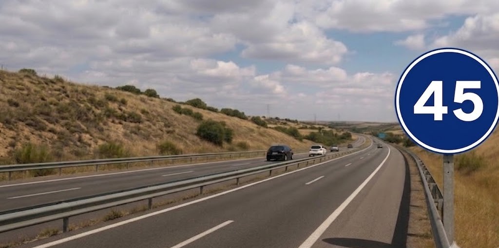 A blue circular minimum-speed sign showing 60, or a slow vehicle causing a queue behind it