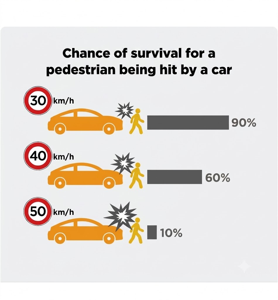 Infographic comparing pedestrian survival rates when struck at 30 versus 50 km/h