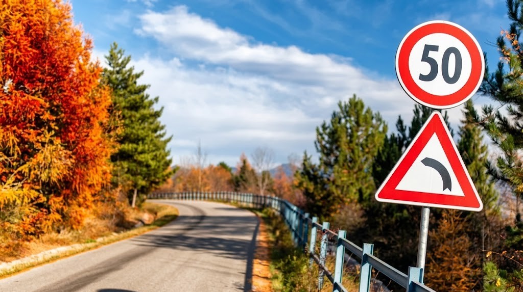 A blind sharp curve or hill crest on a road