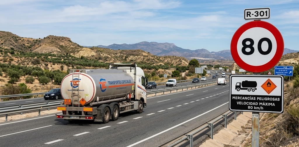 A truck displaying hazardous-goods (ADR) placards