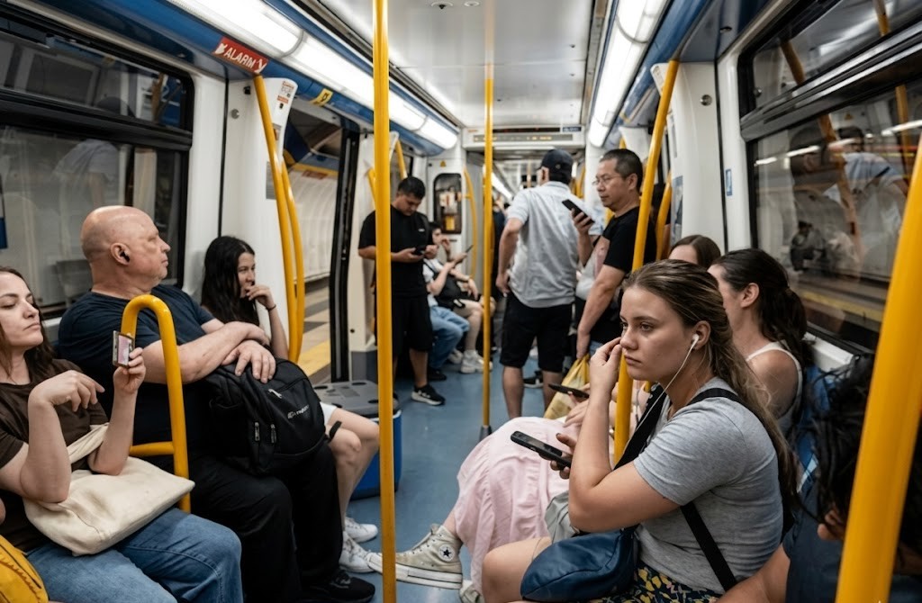 A bus interior with standing passengers