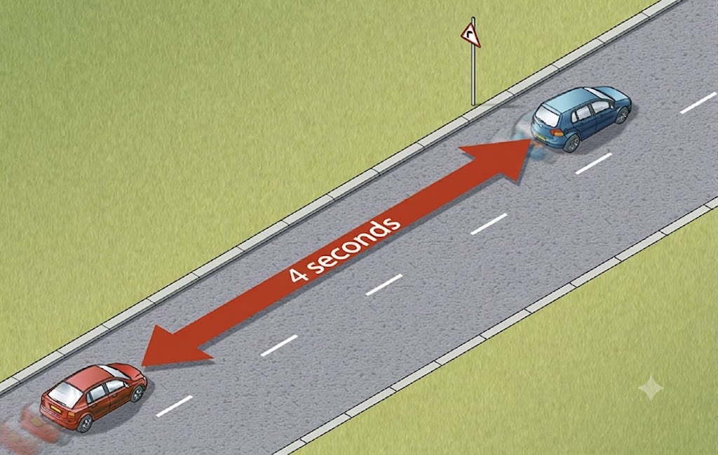 Top-down diagram showing hazard perception, reaction distance, braking distance, and the stop point, with 50, 90 and 120 km/h variants