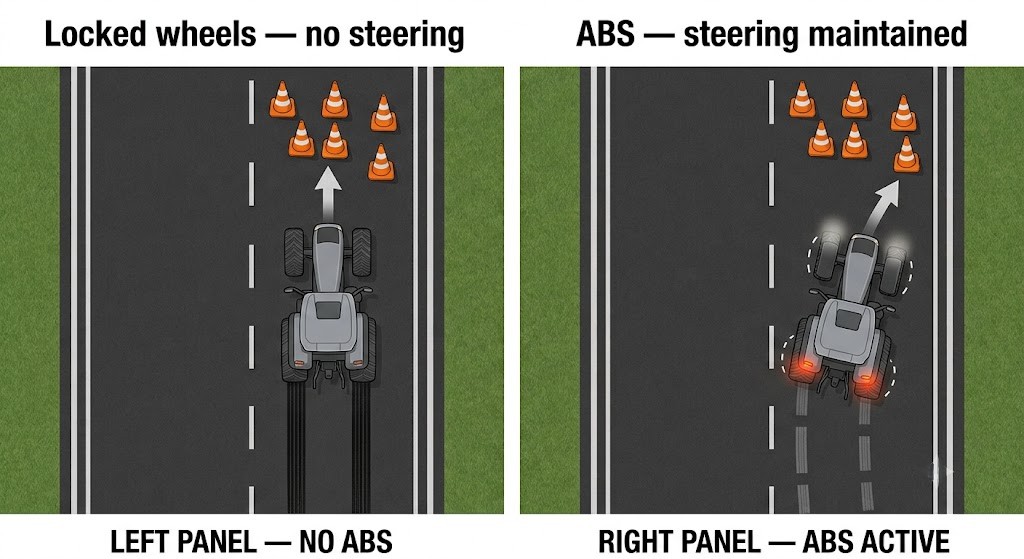 Two-panel top-down diagram: left - without ABS, wheels lock solid and the car slides straight, unable to steer around the obstacle; right - with ABS, wheels pulse and the car maintains steering control and swerves around the obstacle. Skid marks shown on the left, clean path on the right.