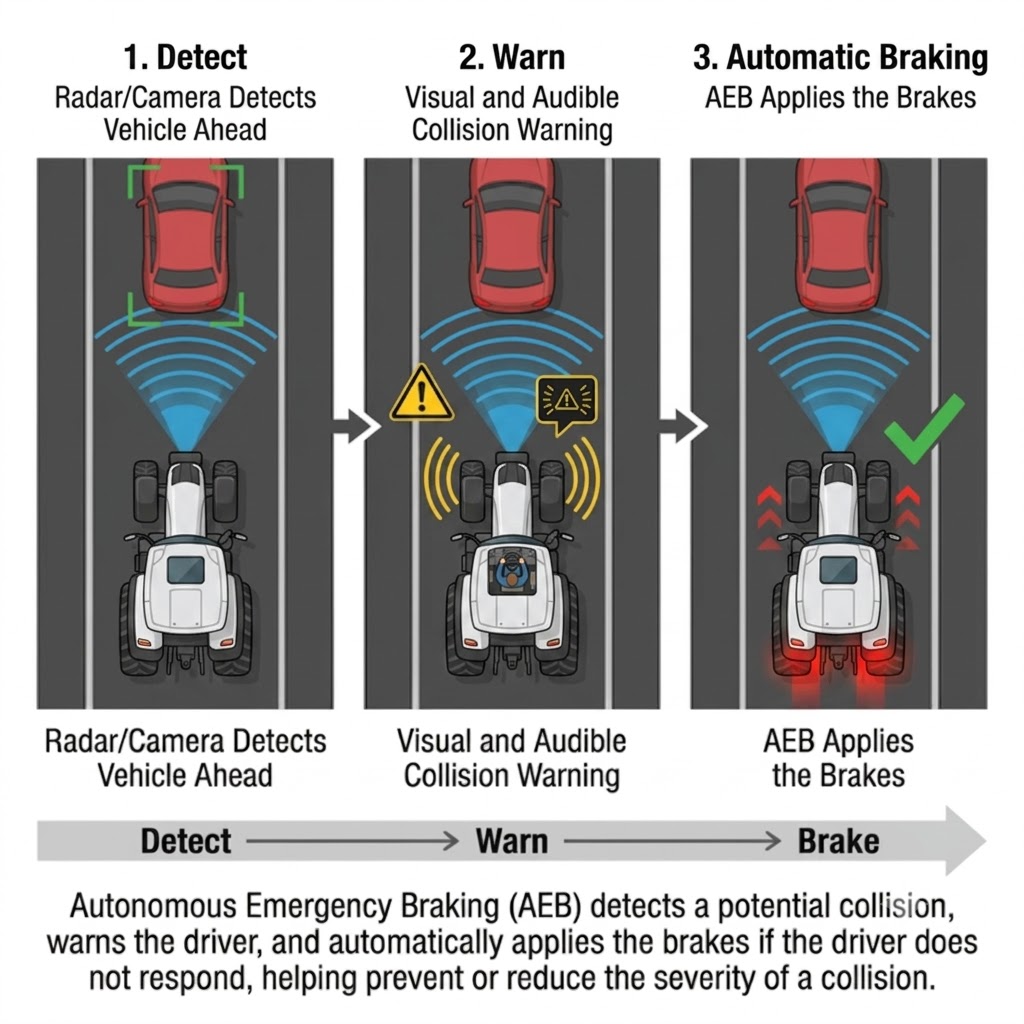 A three-stage top-down sequence: stage 1 - radar cone from the front of the car detects a slow vehicle ahead; stage 2 - warning icon and sound alert shown as the gap closes; stage 3 - automatic braking applied with deceleration arrows, avoiding a collision.