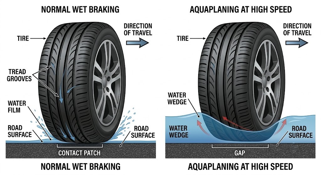 Two-panel cross-section diagram: left panel shows a tyre with good tread on dry road, full contact patch visible; right panel shows the same tyre on a water layer, lifted clear of the road surface with a "no contact" label. A secondary panel shows prevention: adequate tread depth and correct tyre pressure.