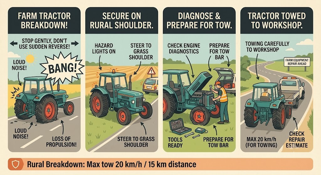 A four-step illustrated sequence for tyre blowout response: step 1 - blowout shown with burst tyre; step 2 - driver gripping steering wheel firmly with both hands; step 3 - gradual deceleration arrow (no brake pedal); step 4 - car pulled safely onto the shoulder and stopped. A small info badge shows the space-saver rule: 200 km max / 80 km/h max.