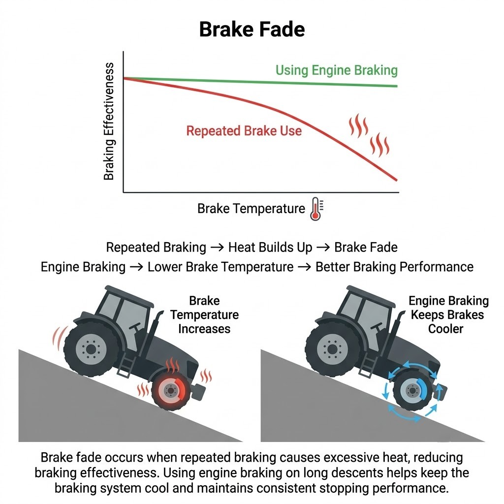 A graph with temperature on the x-axis and braking effectiveness on the y-axis: the foot-brake line drops sharply as temperature rises on a long descent; the engine braking line remains flat and effective throughout. Labels mark the danger zone where brake fade occurs.