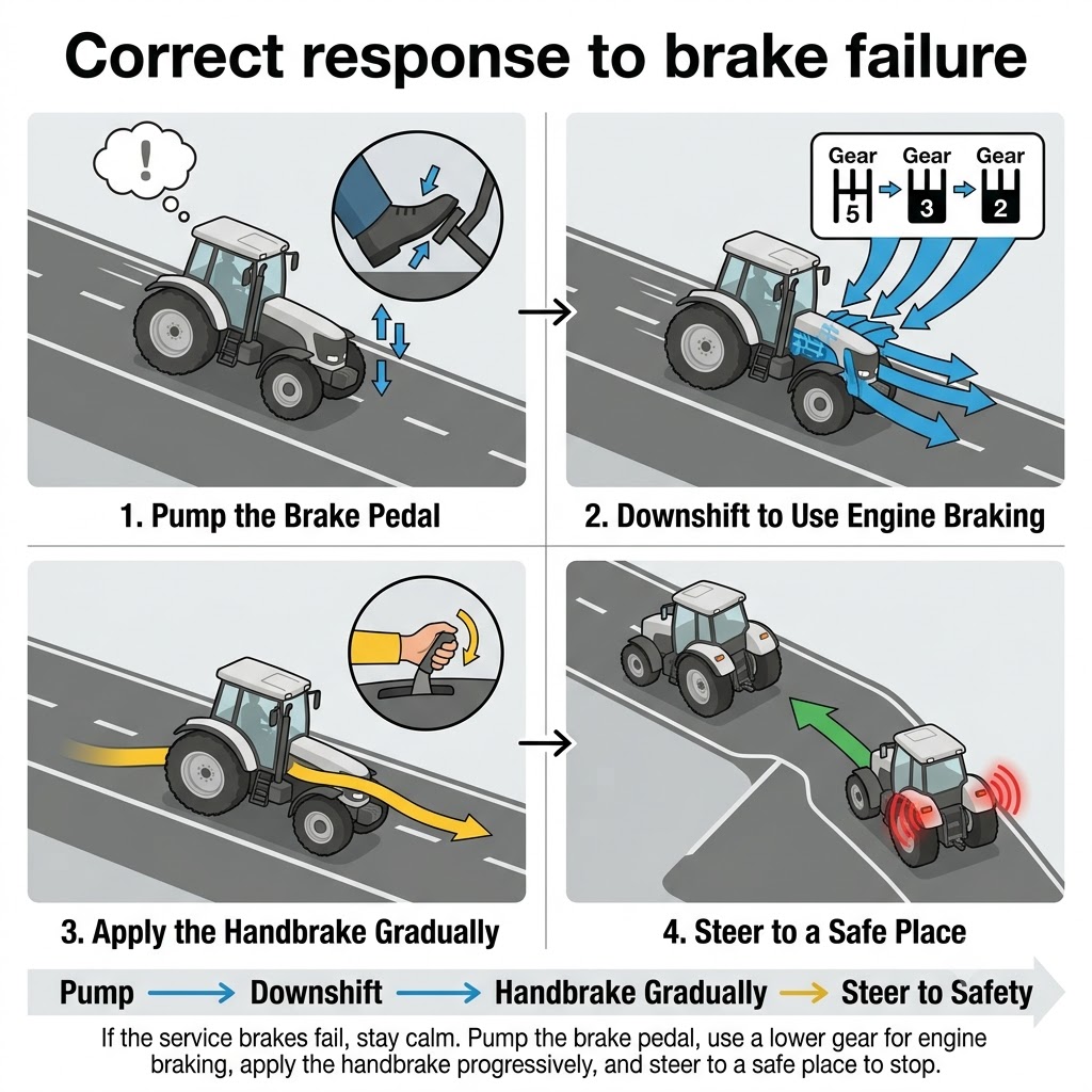 A four-step illustrated emergency sequence for brake failure: step 1 - driver pumping the brake pedal repeatedly; step 2 - downshifting to a lower gear for engine braking; step 3 - handbrake handle being applied progressively; step 4 - car steered toward an uphill road or soft barrier to stop safely.