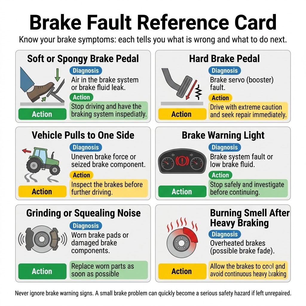 A visual fault card with four cells, each showing a symptom icon and short label: (1) pedal sinking to the floor - fluid leak; (2) soft/spongy pedal - air in circuit; (3) stiff/hard pedal - worn pads; (4) car silhouette pulling left - uneven braking. Each cell has a colour-coded severity indicator.