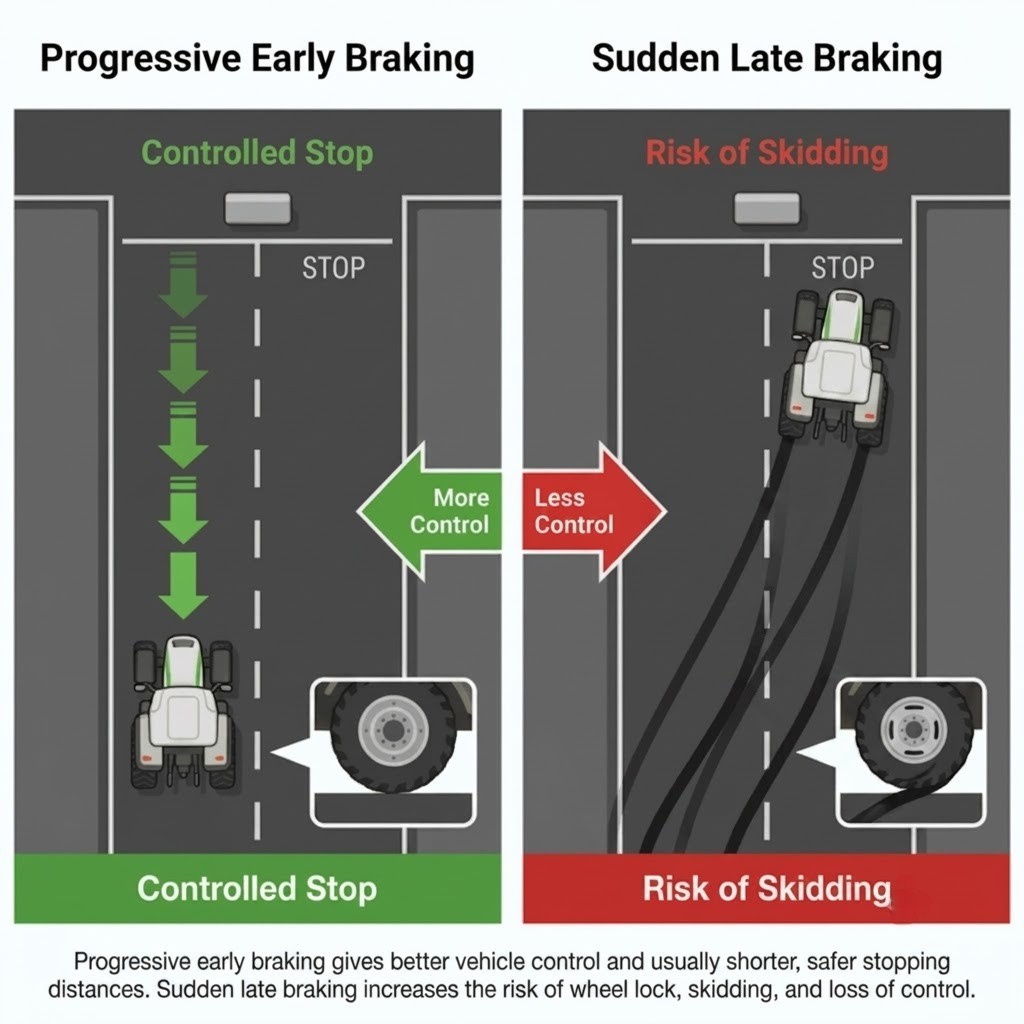 A side-by-side stopping distance diagram: left - progressive early braking showing a long, controlled deceleration arrow with full steering maintained; right - sudden late braking showing a shorter but uncontrolled stop with wheel-lock marks. Distance labels show the difference.