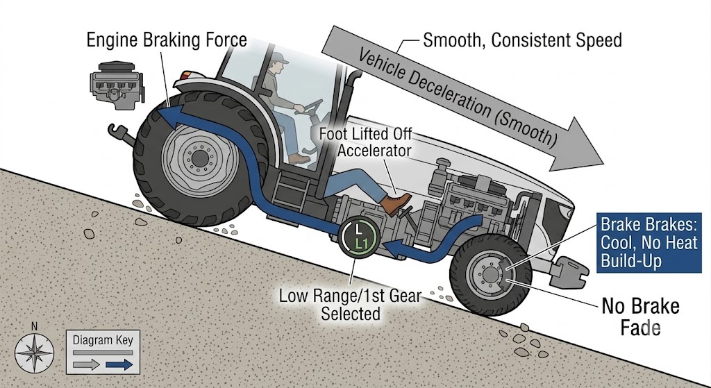 A side-view diagram of a car descending a steep slope. The accelerator pedal is shown released, with an arrow from the engine back through the drivetrain showing the restraining force. Gear indicator shows a low gear selected. Label: "engine braking - no heat build-up in brake pads".
