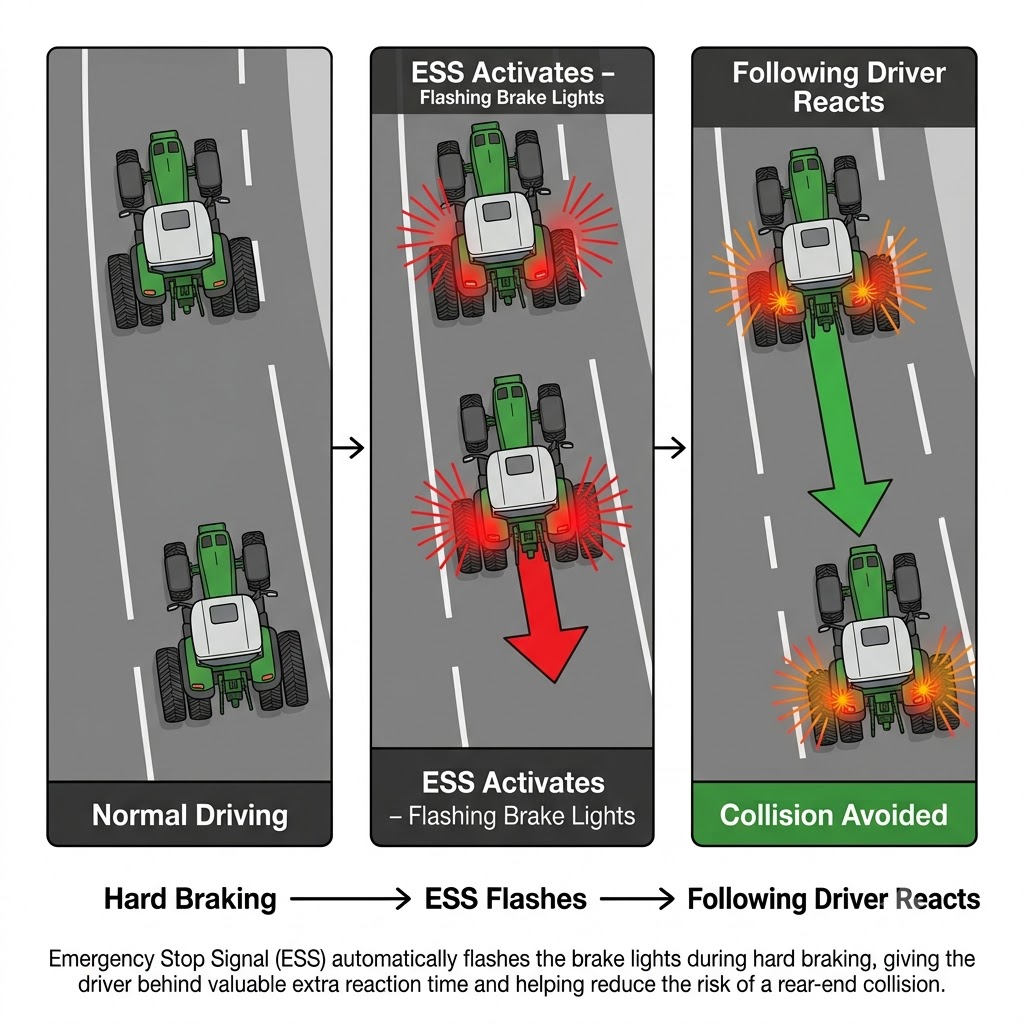 A rear-view diagram of a car braking hard, with brake lights shown flashing rapidly in a pulsing pattern. The following car behind has extra time to react, shown by a larger safety gap. A label reads: "ESS - brake lights flash during emergency braking".