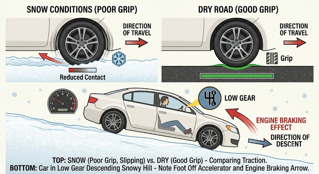Split image: left shows a summer tyre on a snowy road with poor grip; right shows a winter tyre and snow chains on the same road with markedly better contact. Below, a side diagram shows a car descending a hill with engine braking engaged in a low gear.