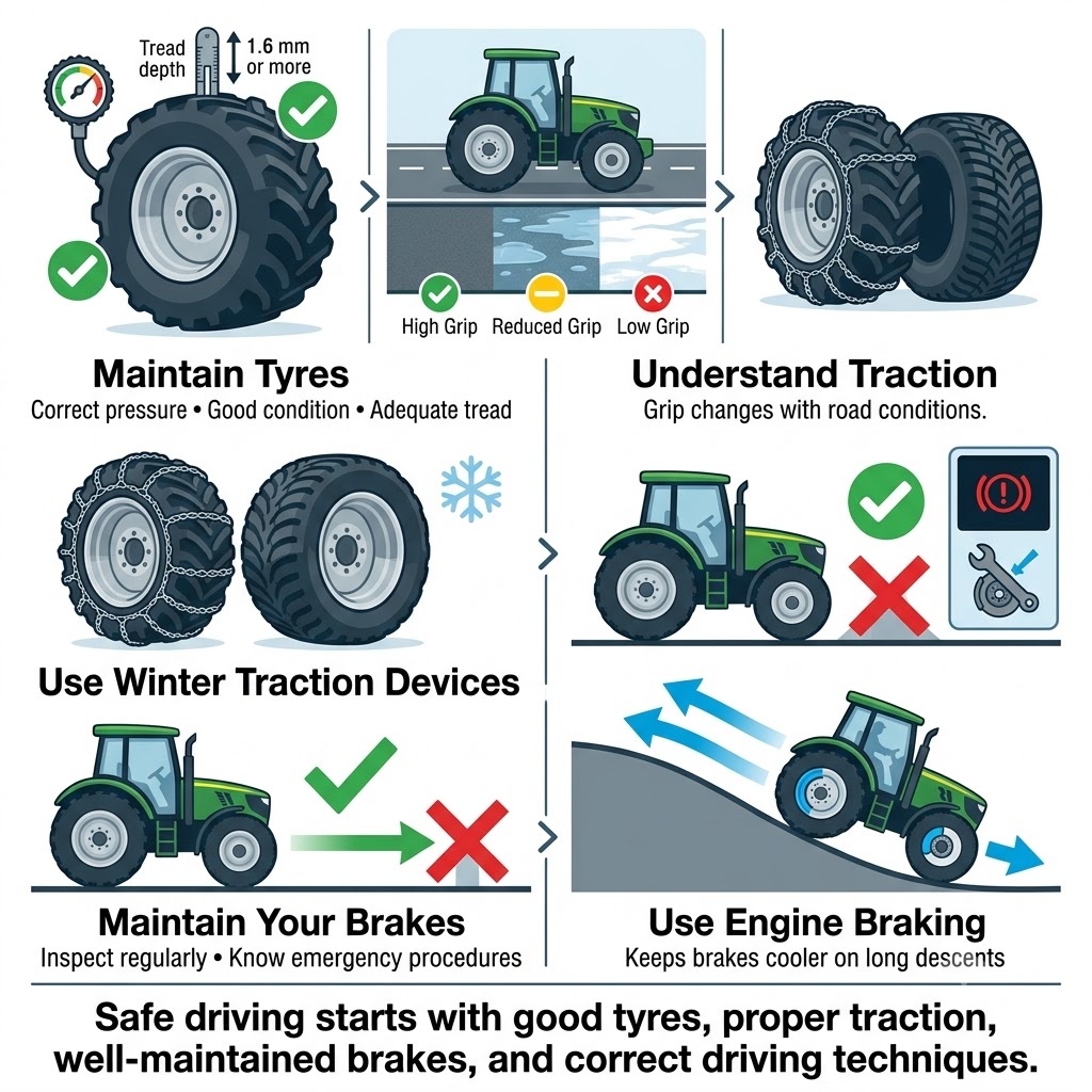 A horizontal five-icon recap strip: (1) tyre with a tread depth gauge - check pressure and tread; (2) road surface conditions icon - traction varies; (3) snow chain icon - use in adverse conditions; (4) brake disc - check brakes regularly; (5) gear shift lever - use engine braking on descents. Short label beneath each icon.