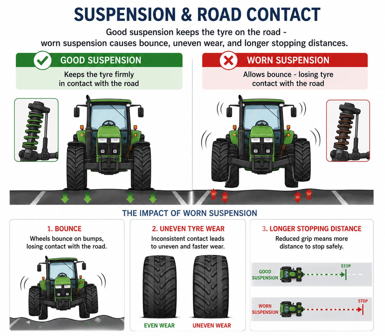 Two-panel diagram: left - good suspension with tyre flat on the road surface over a bump, contact patch fully maintained; right - worn suspension with tyre bouncing and lifting off the road on the same bump, reducing the contact patch to near zero. Secondary inset shows warning signs: bouncing arrow, uneven tyre wear strip, drifting curve arrow.